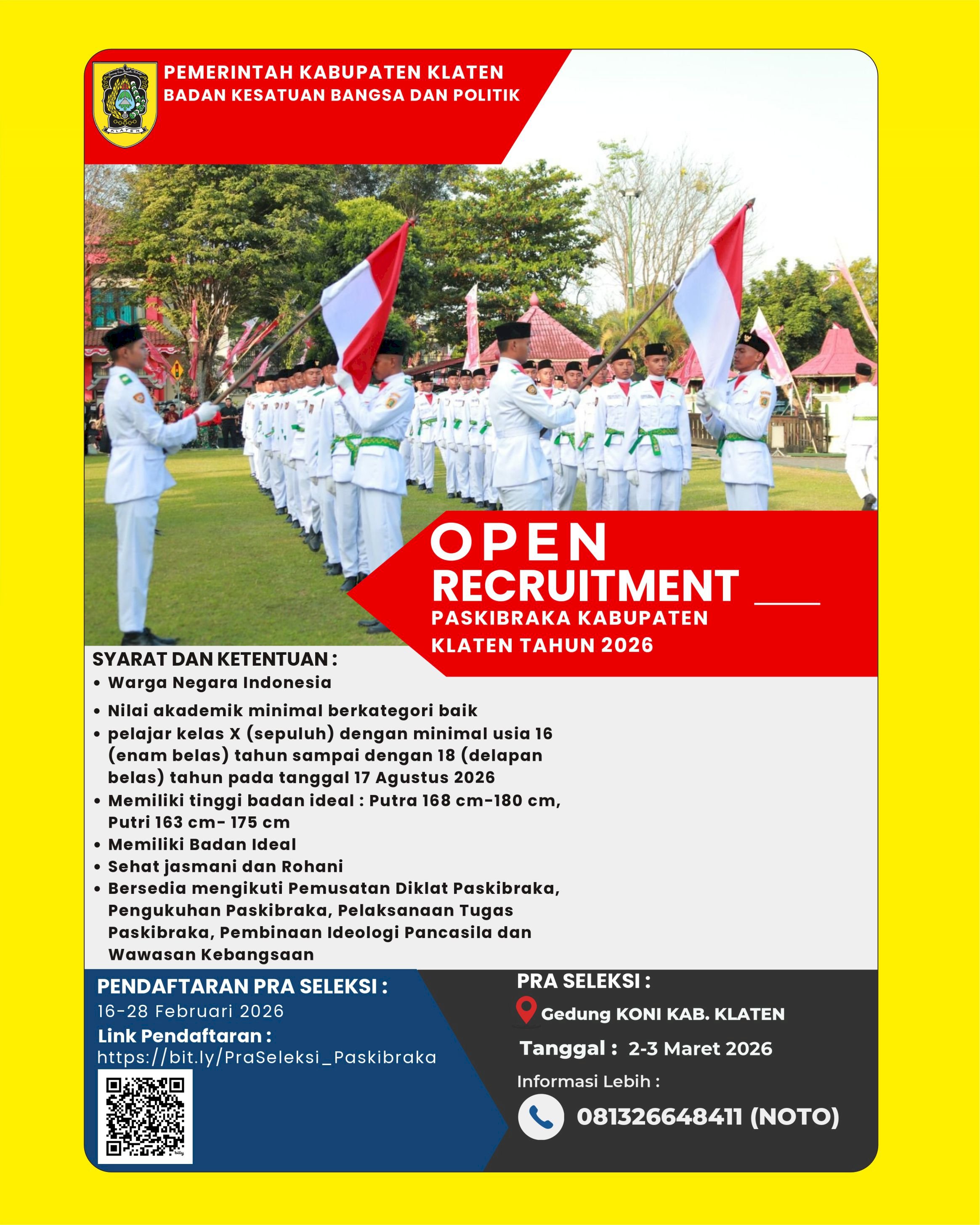 PENDAFTARAN SELEKSI PASKIBRAKA KABUPATEN KLATEN TAHUN 2026 RESMI DIBUKA